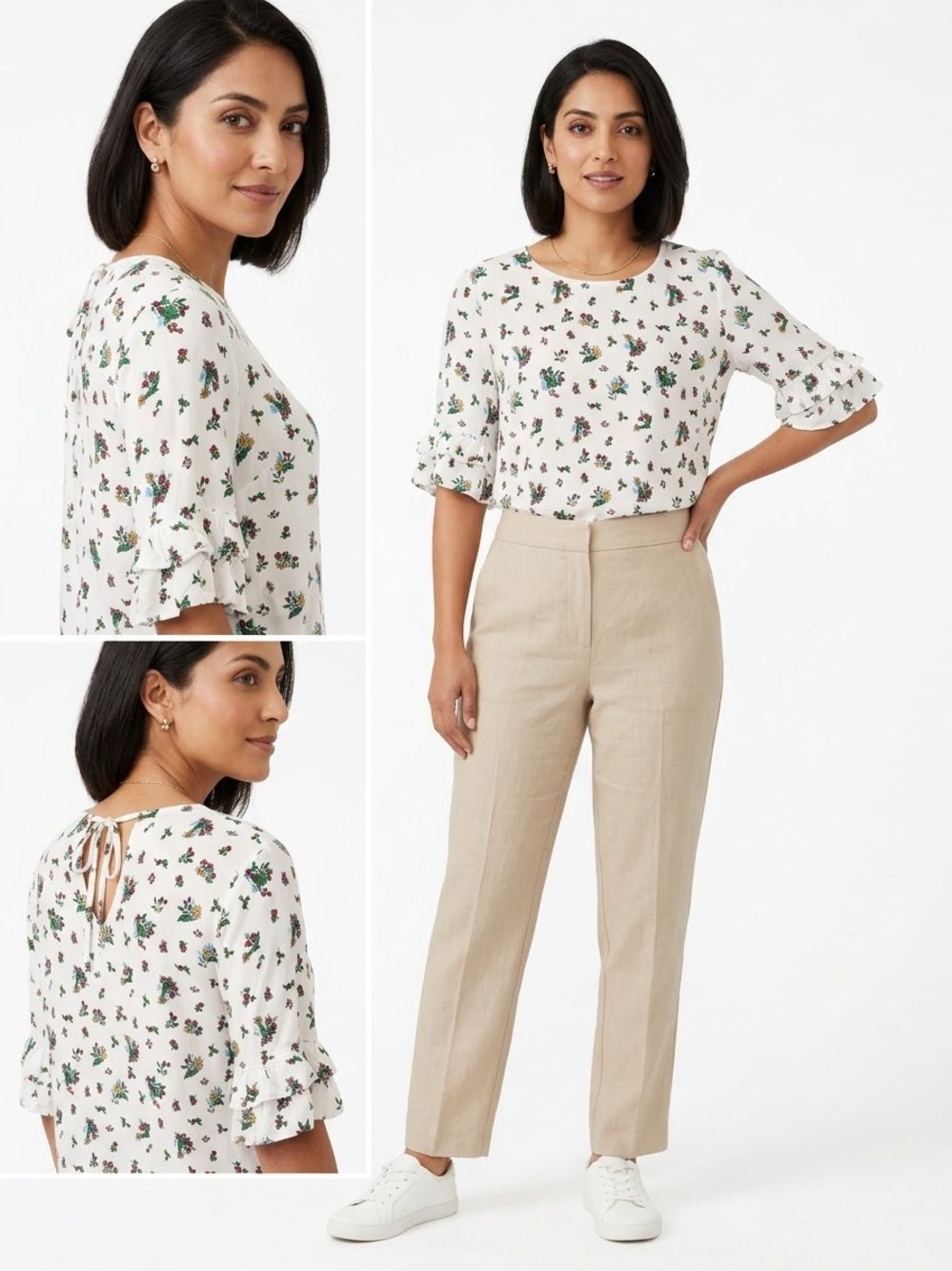 BARE Denim Floral Tiered Ruffle Short Sleeve Top White Size Medium